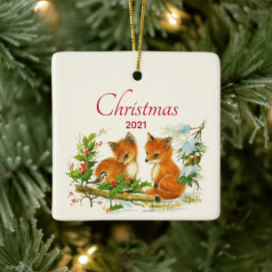 Kute Vintage Foxes Retro Kerstmis Scene Keramisch Ornament