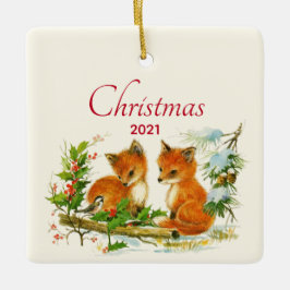 Kute Vintage Foxes Retro Kerstmis Scene Keramisch Ornament