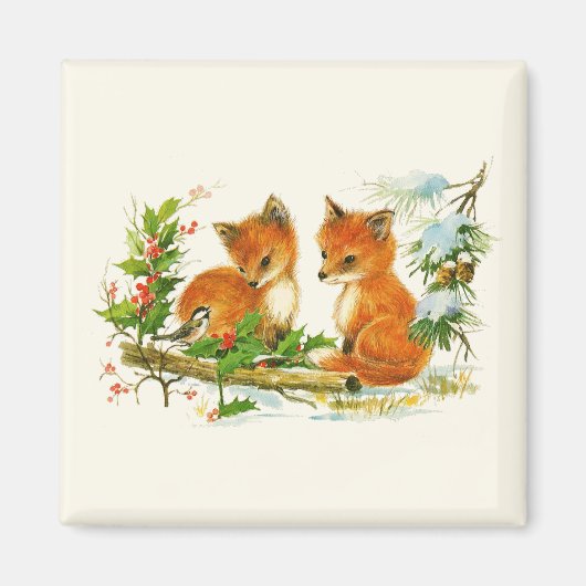 Kute Vintage Foxes Retro Kerstmis Scene Magneet (Voorkant)