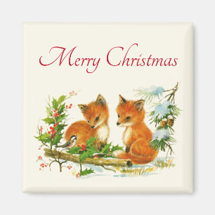 Kute Vintage Foxes Retro Kerstmis Scene Magneet
