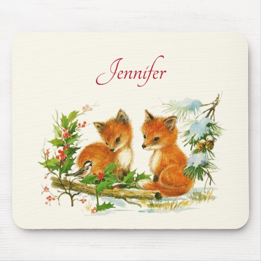Kute Vintage Foxes Retro Kerstmis Scene Muismat (Voorkant)