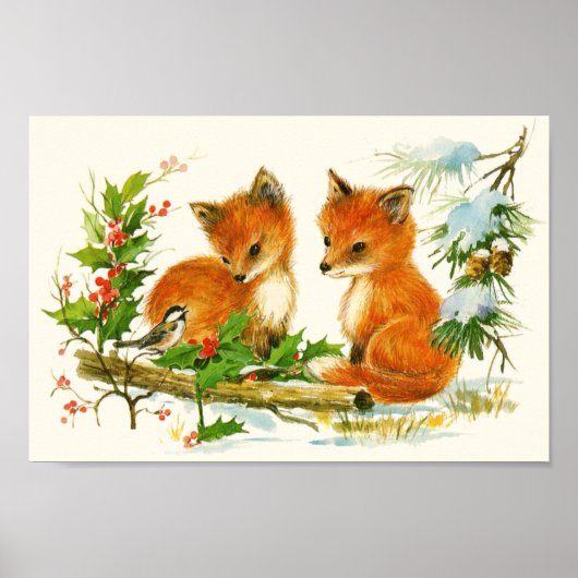Kute Vintage Foxes Retro Kerstmis Scene Poster (Voorkant)