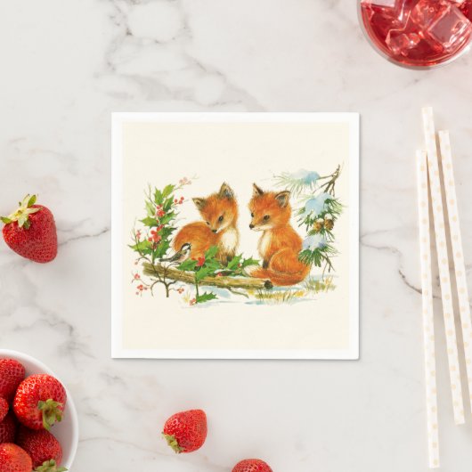 Kute Vintage Foxes Retro Kerstmis Scene Servet (Insitu)