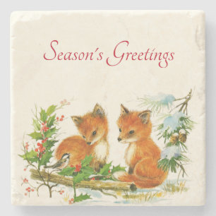 Kute Vintage Foxes Retro Kerstmis Scene Stenen Onderzetter