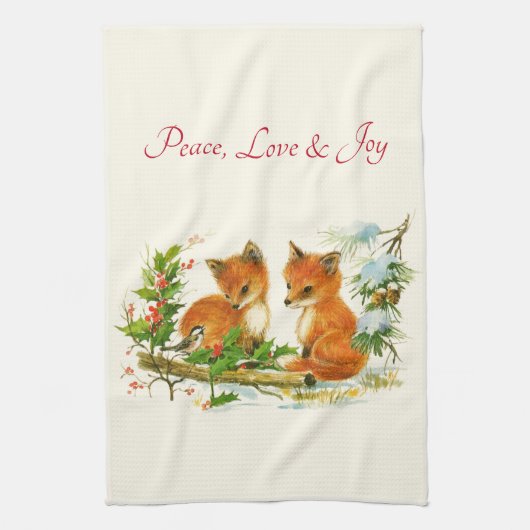 Kute Vintage Foxes Retro Kerstmis Scene Theedoek (Verticaal)