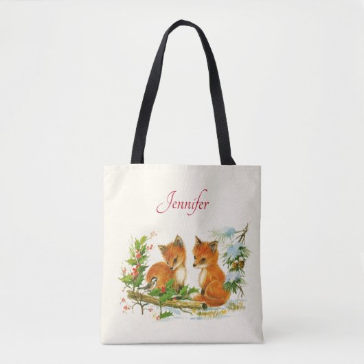 Kute Vintage Foxes Retro Kerstmis Scene Tote Bag (Voorkant)