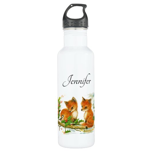 Kute Vintage Foxes Retro Kerstmis Scene Waterfles (Voorkant)