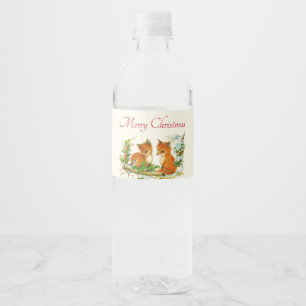 Kute Vintage Foxes Retro Kerstmis Scene Waterfles Etiket