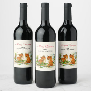Kute Vintage Foxes Retro Kerstmis Scene Wijn Etiket