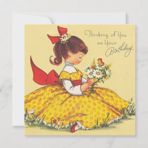 Kute Vintage Happy Birthday Girl in het dress Feestdagenkaart