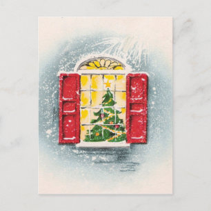 Kute Vintage-kerstboom in een venster Briefkaart