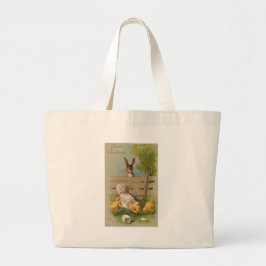 Kute Vintage Paaskaartje Bunny and Chick Grote Tote Bag