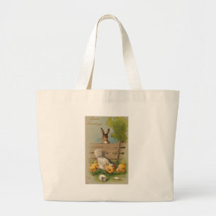 Kute Vintage Paaskaartje Bunny and Chick Grote Tote Bag