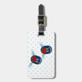 Kute vliegende scharnierende schoenen in blauw en bagagelabel (Voorkant verticaal)