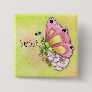 Kute vlinder en bloemen vierkante button 5,1 cm