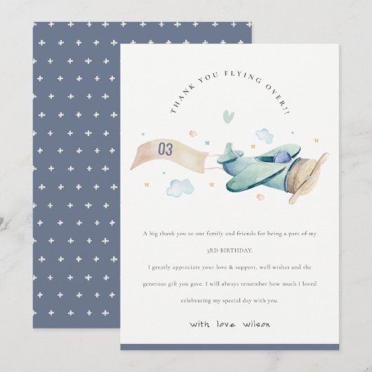 Kute vlucht boven vliegtuig Cloud Blue Heart Birth Bedankkaart (Voorkant / Achterkant)