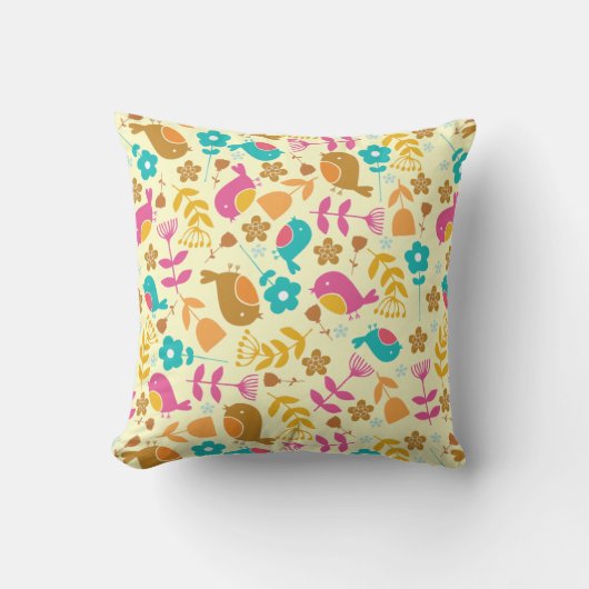 Kute Vogels en Bloemen Worp Kussen (Voorkant)