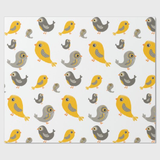 Kute vogels - geel en grijs cadeaupapier (Vlak)
