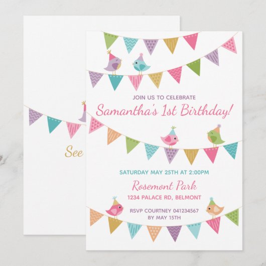 Kute vogels op Bunting  Uitnodiging (Voorkant / Achterkant)