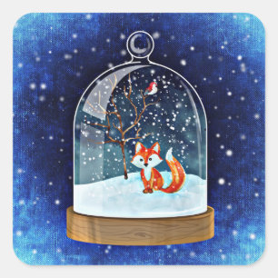 Kute vos in een sneeuwwereldbol vierkante sticker