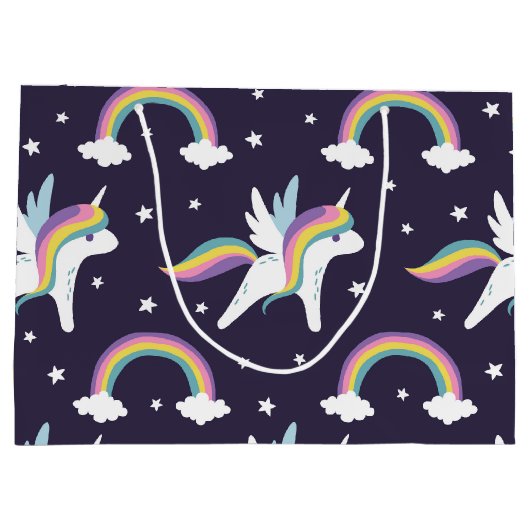 Kute vuurblauwe achtergrond Unicorn + regenbogen b Groot Cadeauzakje (Achterkant)