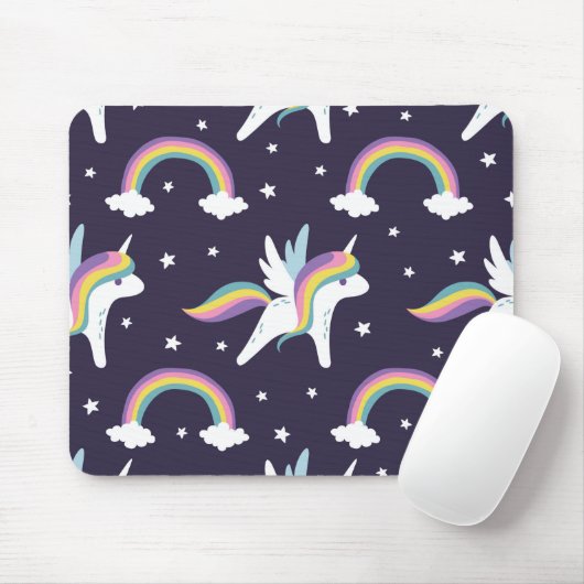 Kute vuurblauwe achtergrond Unicorn + regenbogen b Muismat (Met muis)