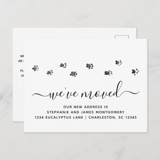 Kute Walking Paw Drukt Moderne Manuscript Beweging Aankondigingskaart (Voorkant / Achterkant)