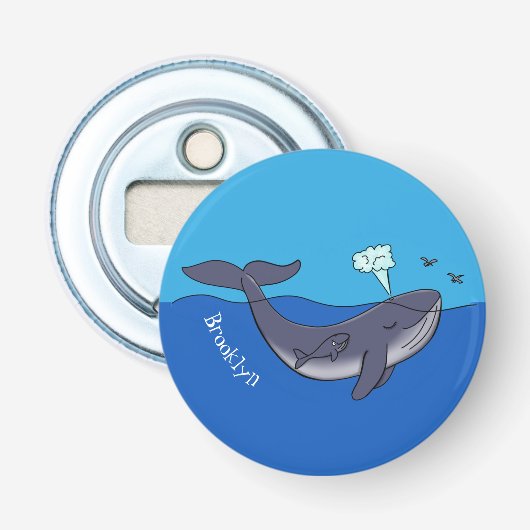 Kute walvis en kalveren cartoon button flesopener (Voorkant)