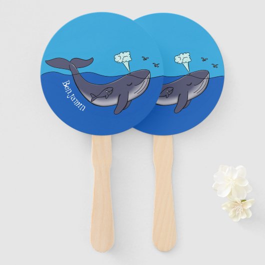 Kute walvis en kalveren cartoon handwaaier (Voorkant en achterkant)