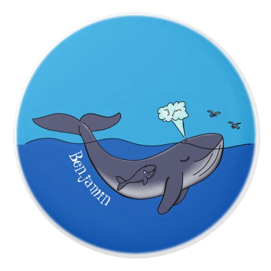 Kute walvis en kalveren cartoon keramische knop (Voorkant)