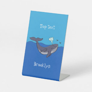 Kute walvis en kalveren cartoon reclamebord met voetstuk