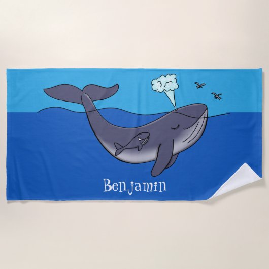 Kute walvis en kalveren cartoon strandlaken (Voorkant)