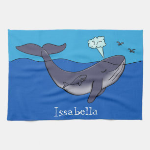 Kute walvis en kalveren cartoon theedoek