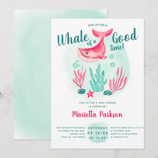 Kute walvis onder baby shower waterverf zee kaart (Voorkant / Achterkant)