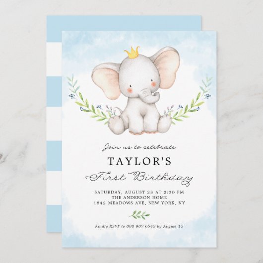 Kute Waterverf Baby Elephant Boy First Birthday Kaart (Voorkant / Achterkant)