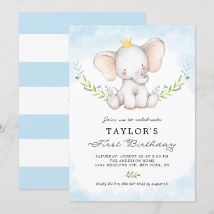Kute Waterverf Baby Elephant Boy First Birthday Kaart