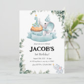 Kute Waterverf Baby Elephant eerste verjaardag Kaart (Staand voorkant)