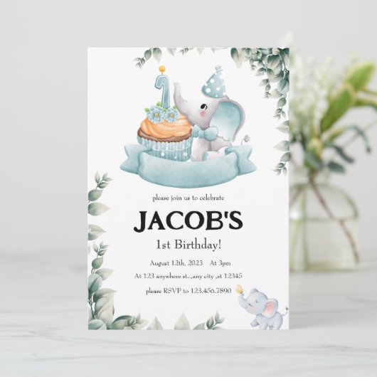 Kute Waterverf Baby Elephant eerste verjaardag Kaart (Staand voorkant)
