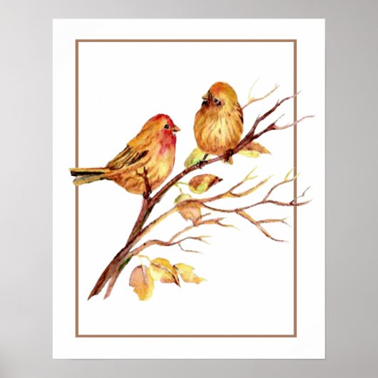 Kute Waterverf Bird Couple on Tree Branch art Poster (Voorkant)