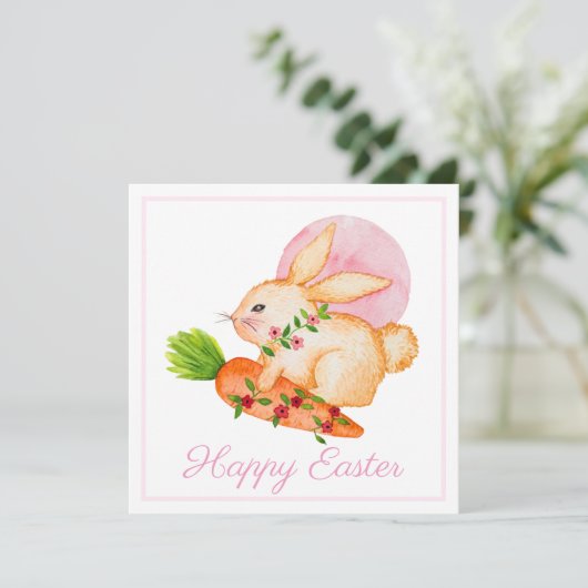 Kute Waterverf Bunny Pink Happy PaasKaart (Staand voorkant)