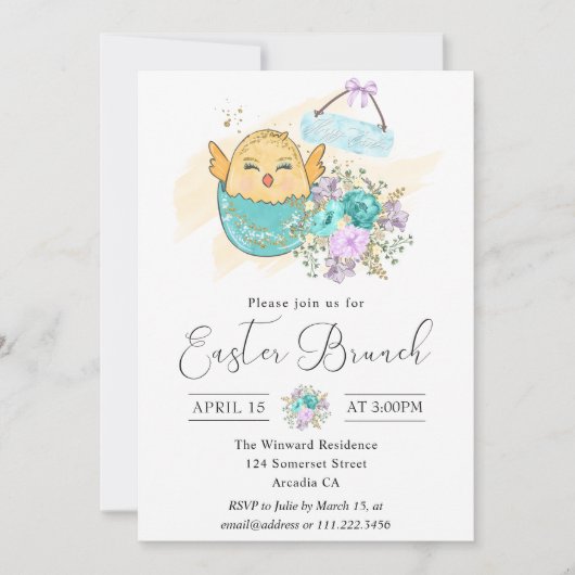 Kute Waterverf Floral Chick in Egg Easter Brunch Kaart (Voorkant)