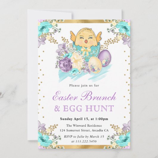 Kute Waterverf Floral Chick in Egg Easter Brunch Kaart (Voorkant)