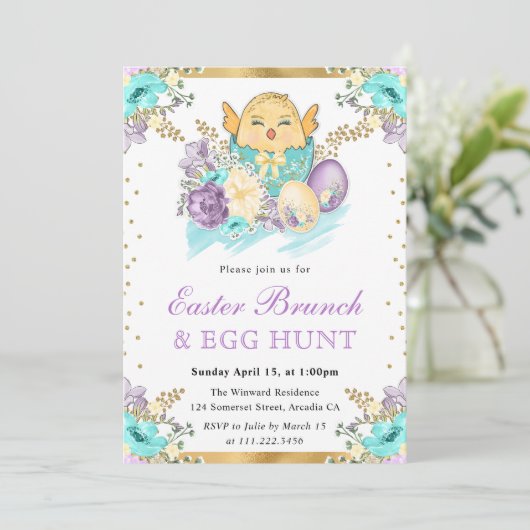 Kute Waterverf Floral Chick in Egg Easter Brunch Kaart (Staand voorkant)