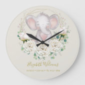 Kute Waterverf Floral Elephant Birth Stats Lar Grote Klok (Voorkant)