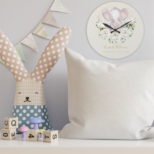 Kute Waterverf Floral Elephant Birth Stats Lar Grote Klok