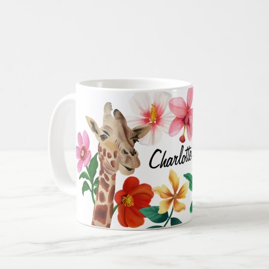Kute Waterverf Giraffe Floral Name Koffiemok (Voorkant links)