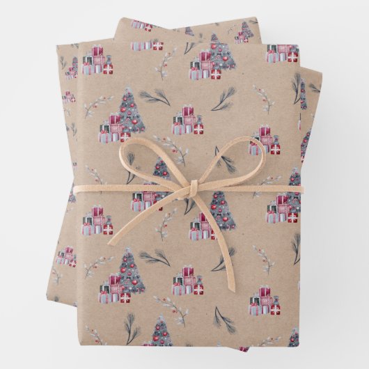 Kute Waterverf kerstboom op Kraft Inpakpapier Vel (In situ)