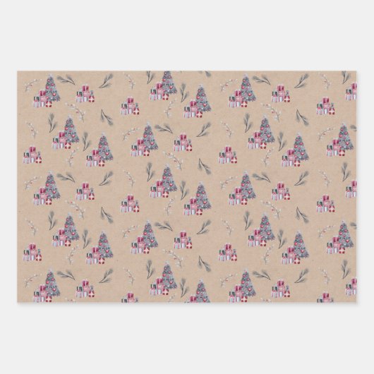 Kute Waterverf kerstboom op Kraft Inpakpapier Vel (Voorkant)