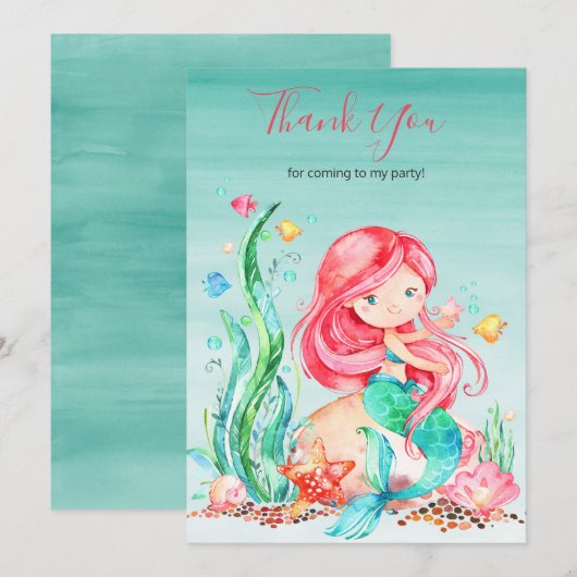 Kute Waterverf Mermaid under the Zee Birthday dan Bedankkaart (Voorkant / Achterkant)