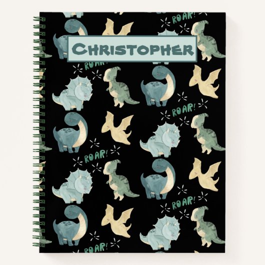 Kute Waterverf op Black Dinosaur Pattern Notitieboek (Voorkant)